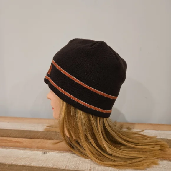 North Face Beanie Wool Brown Orange Striped Unisex Logo Fleece Lined Winter Hat - Picture 3 of 5